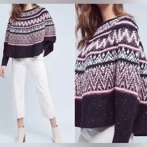 Anthropologie’s Sleeping on Snow Sleeved Poncho in Navy, Pink and White, M/L.